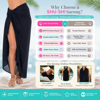 Sarong Wraps for Women Long Beach Sarong Pareo Wrap Skirt with Coconut Clip, One Size